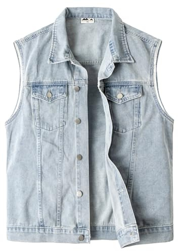 KTWOLEN Men's Jeans Vest Casual Cowboy Denim Vest Button Up Jeans Gilet Vintage Biker Vest Motorcycling Sleeveless Denim Jackets Gilet, Blue, L