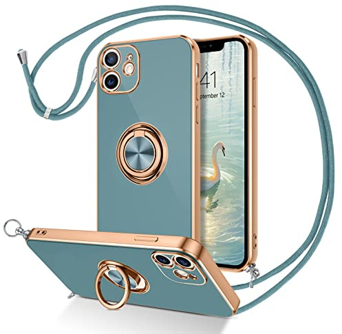 DUEDUE für iPhone 11 Hülle mit Band, Handykette Handyhülle mit Band 360 Grad Ring Stoßfeste Schutzhülle Soft TPU für iPhone 11 Hülle mit Ring 6.1 Grün