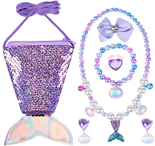 OSDUE Sirène Sac a Main Fille Bijoux, Collier Bracelet des Boucles d'oreilles Bagues Kit Bijoux Princesse Parure Accessoire Anniversaire Cadeau 7pcs