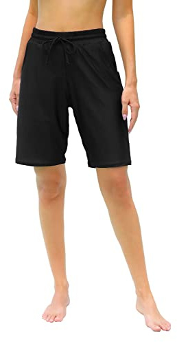 Charmo Swim Shorts Women Drawstring High Waisted Boy Leg Boardshorts with Built-in Brief Solid Beach Swimsuit Bottoms Black XL