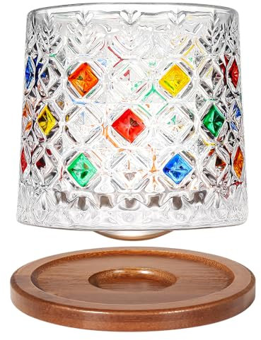 Uten Calice da Acqua Rotante, 275 ML/10 OZ Bicchiere Whisky Cristallo, Sottobicchiere in Bambù, Sensazione Spessa, Coppa da Rum Vetro Latte, Relax e Decompressione, 1 Bicchiere