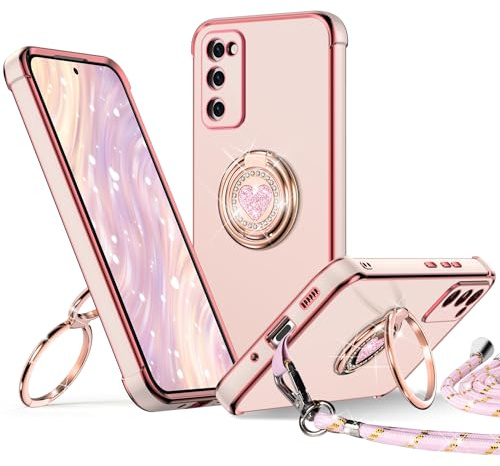 XYZ für Samsung Galaxy S20 FE Hülle mit Band, Rosa | Herzen Doppelring Ständer HandyHülle, Frauen Mädchen Dünn Stoßfeste Case mit Handykette, Anti Kratzt SchutzHülle