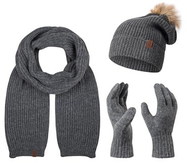 Rock Creek Winter Mütze mit Bommel Schal Set Geschenkset Wintermütze Winterschal Winterhandschuhe Herrenmütze Damenmütze U-103 Dunkelgrau Einheitsgröße