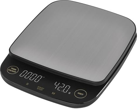 EMOS - Bilancia da caffè digitale in acciaio inox – Bilancia da cucina per barista – Peso massimo 3 kg, precisione 0,1 g – Funzione tara, timer, indicatore LED – g, lb, oz – gancio estraibile – nero