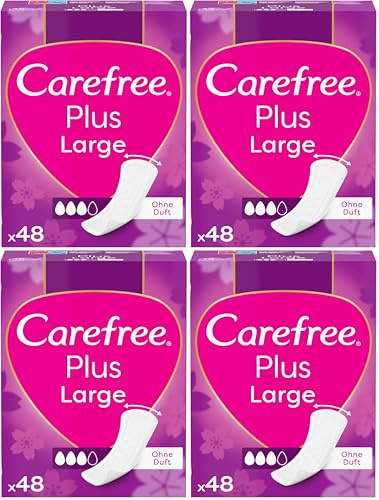 Carefree Slipeinlagen Plus Large mit leichtem Duft (48 Stück), super saugstarke & extra breite Slipeinlagen, um Flüssigkeiten sofort einzuschließen, Größe Large (Packung mit 4)