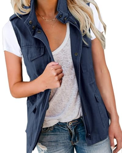 Imily Bela Gilet cargo da donna senza maniche parka giacca corta con tasche e coulisse primavera estate gilet capispalla, Blu mare, S