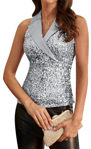 GRACE KARIN Damen Festival Elegant Oberteil für Damen Glänzendes Pailletten V-Ausschnitt Sexy Ärmellos Tops Silber Pailletten S
