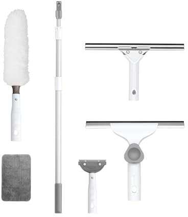 Kit de Limpieza de Cristal,con telescópico Mango,rascadora 35cm,Plumero 55cm,Escoba Mágica para Limpia Ventanas Altas y Paredes Techos Ducha y Automóvil (240cm)