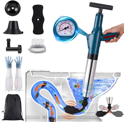 Toilet Unblocker Heavy Duty with 360° Unclogging Head and A Holder Toilet Plunger Sink Unblocker High Pressure Plunger Kit for Unblocking Toilet Bathtub Shower Floor Drain and Pipe Clog