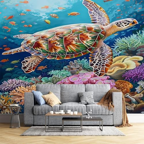 JEDTAKCT 300X210Cm Seidetapete Meeresschildkröten Korallentapete Elegance Tapete Im Meerestiere Design Tapete Wandtapete Wohnzimmer Schlafzimmer Flur Strukturtapete