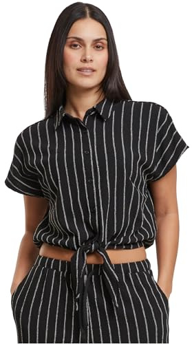 Urban Classics Damskjortblus Ladies strukturerad randig blus med knutar, lös passform, storlekar XS – 5XL, Svart/offwhite, L