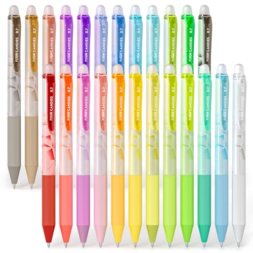 Four Candies 0,7 mm radierbare Gelstifte, lassen Fehler verschwinden, farbige Stifte, 24 Farben, einziehbare, feinspitzige radierbare Stifte zum Schreiben, Zeichnen, Planen und für Schulbedarf