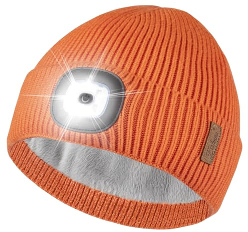Etsfmoa Mütze mit LED Licht,Hut mit warmem Futter,Wiederaufladbare USB Strickmütze mit Licht,Geschenke für Männer und Frauen (DE/NL/SE/PL, Alphanumerisch, Einheitsgröße, Orange)