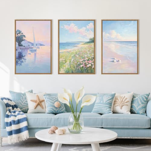 Aryroi Spring Pink Blue Coastal Wildflower Framed Canvas Wall Art Set,Watercolor Preppy Pastel Floral Sailboat Seascape Decor,Dreamy Colorful Soft Sunrise Beach Artwork for Living Room,Farmhouse- 24x36x3