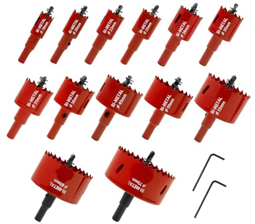 Lot de 13 scies cloches bimétalliques - Diamètre : 18 à 75 mm - Scie cloche avec mandrin - Profondeur de coupe maximale : 75 mm - Scie cloche pour bois, plaque de plâtre, plastique