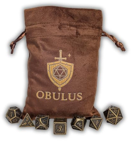 Obulus Set med 7 polyedra tärningar för RPG (D4-D6-D8-D10-D12-D20-D%) - Metalltärningar med sammetspåse - Tillbehör för DND, Pathfinder, JDR, bordsspel