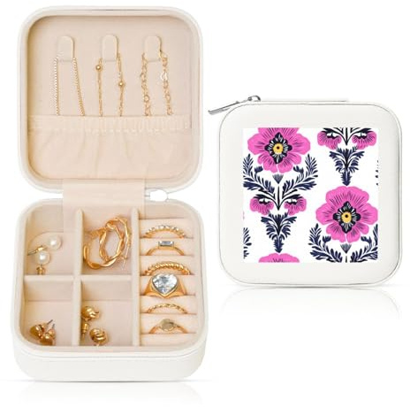 Neon Pink Pansies Traditional Folk Art Travel Jewelry Case Organizer, Pu Leather Jewelry Storage Holder For Rings Earrings Pendants Necklaces For Girls Women