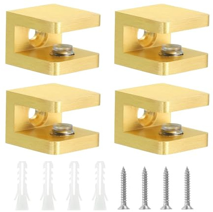 TA-VIGOR 4pcs 5-8mm Glass Clamp Adjustable Brass Shelf Brackets with Rubber Pads, No-Drill Shelf Supports with Screws for Bathroom, Cabinet, Wine Rack (Gold)