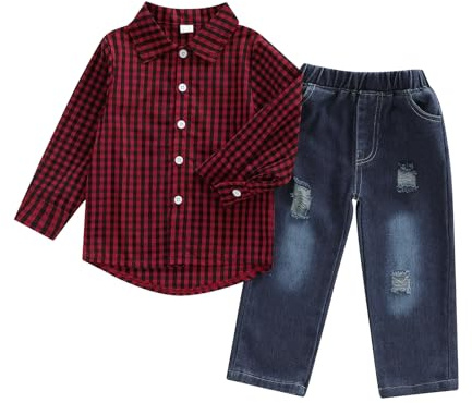Flamosisi Littel Boys Fall Spring Gentleman Outfits Long Sleeve Lapel Neck Button-up Plaid Print T-Shirts With Elastic Ripped Denim Pants Toddler Boys Casual 2 Pieces Jeans Pants Set (Red, 3-4 Years)