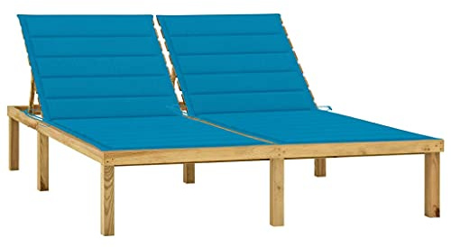 QJBSAVVA Doppel-Sonnenliege Kiefer imprägniert 200x138 cm verstellbar mit blauen Auflagen Robustes Holz Modernes Design für Garten Balkon Terrasse Camping