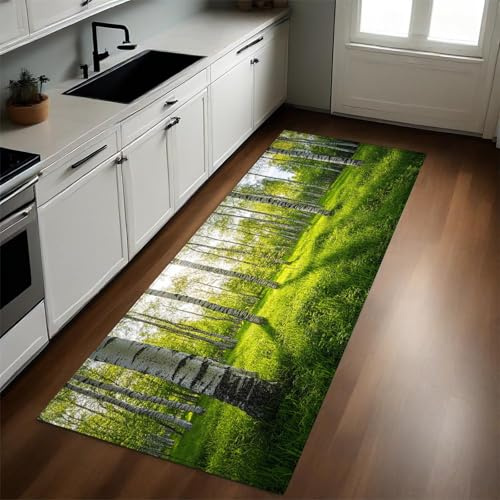 Grün Küchenläufer 60 x 180 cm Sonnenuntergang und Birken rutschfest Waschbar Küchenteppich Pflegeleicht Teppich Läufer für Küche Flur Eingangsbereich Esszimmer