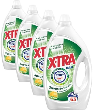 X-Tra Total - Lessive Liquide - 4+1 - Propreté - Eclat - Fraîcheur - Engagé pour vous - Economique - Aloe Vera & Savon de Marseille - Efficace des 20°C - Convient aux Peaux Sensibles - 63 Lavages
