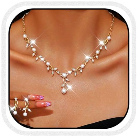 Reaky Parures de bijoux de mariée, collier feuille d'or, colliers pour femmes (Doré)