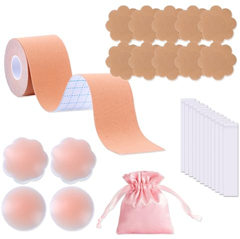JNYUTEEN Kit de Cinta de Sujeción para Pechos, Sujetador Adhesivo Push Up Boob Tape de 5 cm, Set de Accesorios de Soporte para Vestidos Sin Tirantes y Outfits Espalda Descubierta