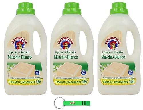 Chanteclair Sapone da Bucato Lot de 3 savons à lessive Musc blanc Idéal pour le nettoyage en douceur des tissus 27 lavages 1500 ml + porte-clés Beni Culinari
