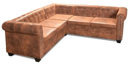 Generico Divano Angolare Chesterfield a 5Posti Pelle Artificiale Marrone