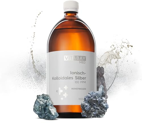 Vitabay Kolloidales Silber 100 PPM - 1000 ml Kollodiales-Silber Hochdosiert | Reinheitsstufe 99,99% und abgefüllt in Braunglasflasche - Laborgeprüft & hergestellt aus hochwertigen Rohstoffen