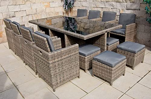 PolyRattan - Deutscher Hersteller - 10 Jahre GARANTIE auf UV-Beständigkeit - Gartenmöbel Essgruppe Tisch 8 Stuhl Hocker Polster Rostfrei Aluminium Dining Lounge Naturfarben Grau Schwarz