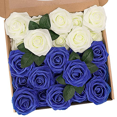 N&T NIETING Artificial Flowers Roses, 25pcs Real Touch Fake Foam Roses with Stems for Wedding Bridal Bouquets, Mother's Day, Baby Shower, Home Decoration, Ivory & Blue