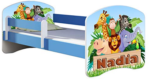 ACMA Kinderbett 160x80 cm Blau mit Matratze & Lattenrost – Jugendbett ab 3 Jahren mit Rausfallschutz, personalisiertes Motiv 02 Animals name, stabiles Kinderbett für Kinderzimmer, belastbar bis 120 kg