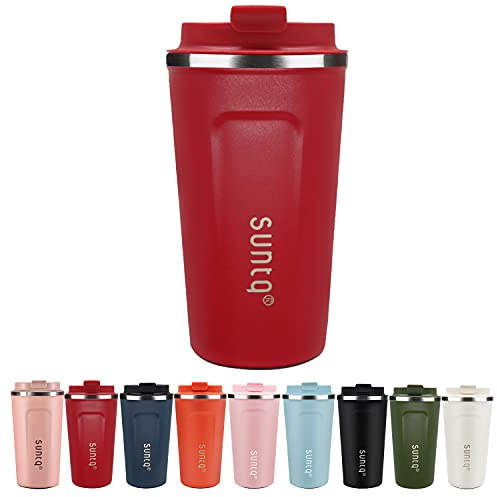 SUNTQ Tasse à café à emporter en acier inoxydable - Gobelet isotherme à double paroi isolée - Tasse à café avec couvercle anti-fuite réutilisable (rouge, 510 ml)