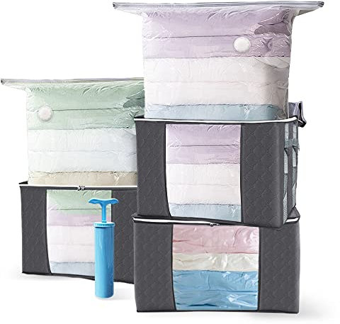 VOUNOT 3 Sacchetti Sottovuoto per Vestiti Salvaspazio Riutilizzabili con Pompa e 3 Scatola di Immagazzinaggio EDENOO con Manici, per Lenzuola, Piumoni, Cuscini, Coperte