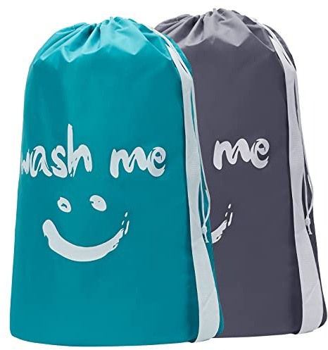 HOMEST 2 Pack XL Wash Me Travel Laundry Bag with Strap, Dirty Garments Organizer, Large Enough to Hold 4 Loads of Clothes, Easy Fit a Hamper or Clothing Basket, Grey and Sky Blue
