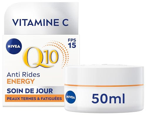 NIVEA Q10 Energy Soin de Jour FPS15 (1x50 ml), crème anti rides enrichie en Q10 pur & Vitamine C, crème anti-âge pour un teint éclatant, soin visage énergisant pour peaux ternes et fatiguées