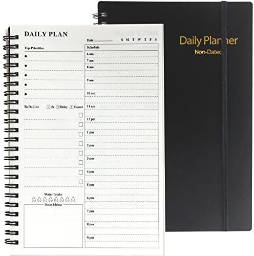 Undatierter Tagesplaner, Stundenplaner, 152 Seiten, To-Do-Listen-Notizbuch, Zeitmanagement-Handbuch und Planer mit flexiblem Einband, elastischem Verschluss, Innentasche, 14,2 x 21,1 cm, Schwarz