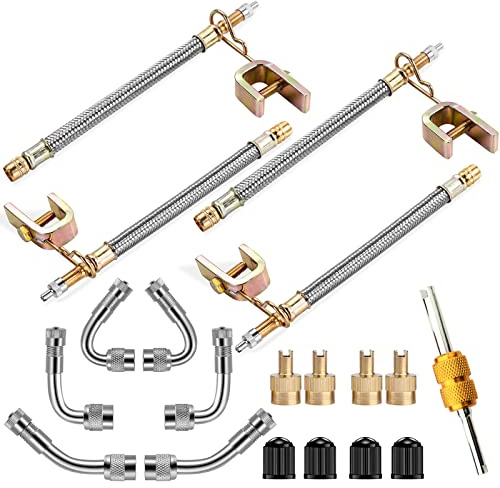 Valve Stem Extenders,4Pcs 7Inch/180mm Dual Flexible Stainless Steel Braided Valve Stem Extensions ,6Pieces 45 90 135 Degree Brass Valve Adaptors for Car Truck Motorhome Trailer RV Trailer Vehicle