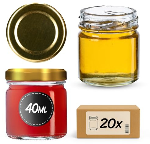 KADAX 20st Mini Gläser 40 ml mit Schraubdeckel TO43, Einmachglas, Gewürzgläser mit Deckel, Sturzglas, Probiergläser, Marmeladengläser, kleine Honiggläser (20 Stück, Gold Deckel)