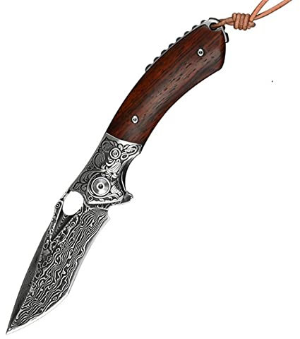 DLUCCA Klappmesser einhandmesser Damaskus Stahl Outdoor Folding Blade Sharp Camping Selbstverteidigungsmesser Tragbares Messer Holzgriff Outdoor Folding Messer