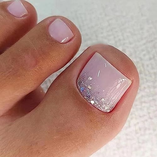 Ceboic 24 Stück Französisch Künstliche Zehennägel, Kurz Quadratische Rosa Glitzer Zehennägel zum Aufkleben, Sommer Acryl Natürliche Falsche Zehennägel für Frauen und Mädchen