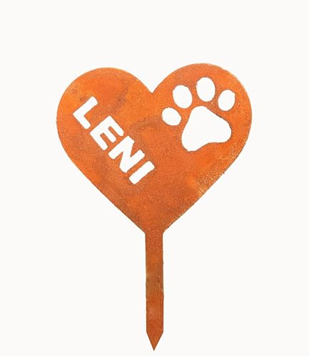 D&L Lasertec Personalisierbarer Edelrost Gartenstecker Herz mit Pfote, Pfotenherz, Hundeherz