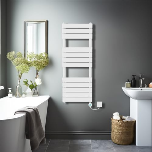 NRG 1200×450mm Gloss White Flat Panel Towel Rail Radiator, WiFi LCD Element | Central Heating Wall Mounted Radiator, Low Carbon Steel, WiFi LCD Element, BS EN442 Tested, No Valves, 10-Year Guarantee