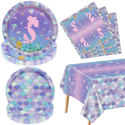 Mermaid Party Decorations - 61Pcs Fish Scale Party Tableware Set, Under the Sea Ocean Theme Tablecloth, Plates and Napkins for Mermaid Scale Birthday Supplies, Serves 20