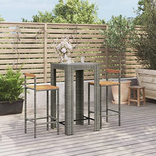 Gecheer 3-TLG.Gartenbar-Set Garten Bar Set Sitzgruppe Rattan Bar Tresen Theke Tisch Barset Garten Tisch Outdoor Gartenmöbel Set Grau Poly Rattan & Massivholz Akazie-1935