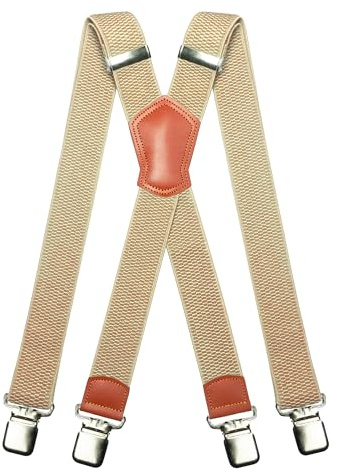 JEMYGINS - Tirantes para hombre de 3,8 cm de ancho con 4 hebillas de metal resistentes, talla única, ajustables y elásticas, estilo X para hombres y mujeres, beige, M