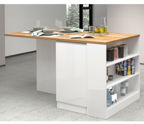VE.CA - Îlot de Cuisine Balance - Buffet Idéal pour Une Cuisine Complète - Table de Salle à Manger - Couleur : Polished White/Wotan - Made in Italy