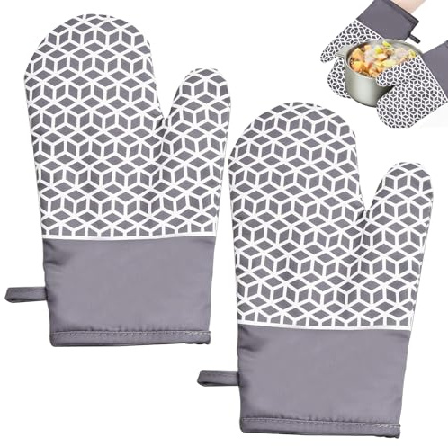 Topfhandschuhe Hitzebeständig, 2 Stück Ofenhandschuhe, Kochhandschuhe, Küchenhandschuhe, Geometrische Silikon Zeichnungen, Geeignet zum Suppenkochen, für den Ofen und zum Grillen, Grau